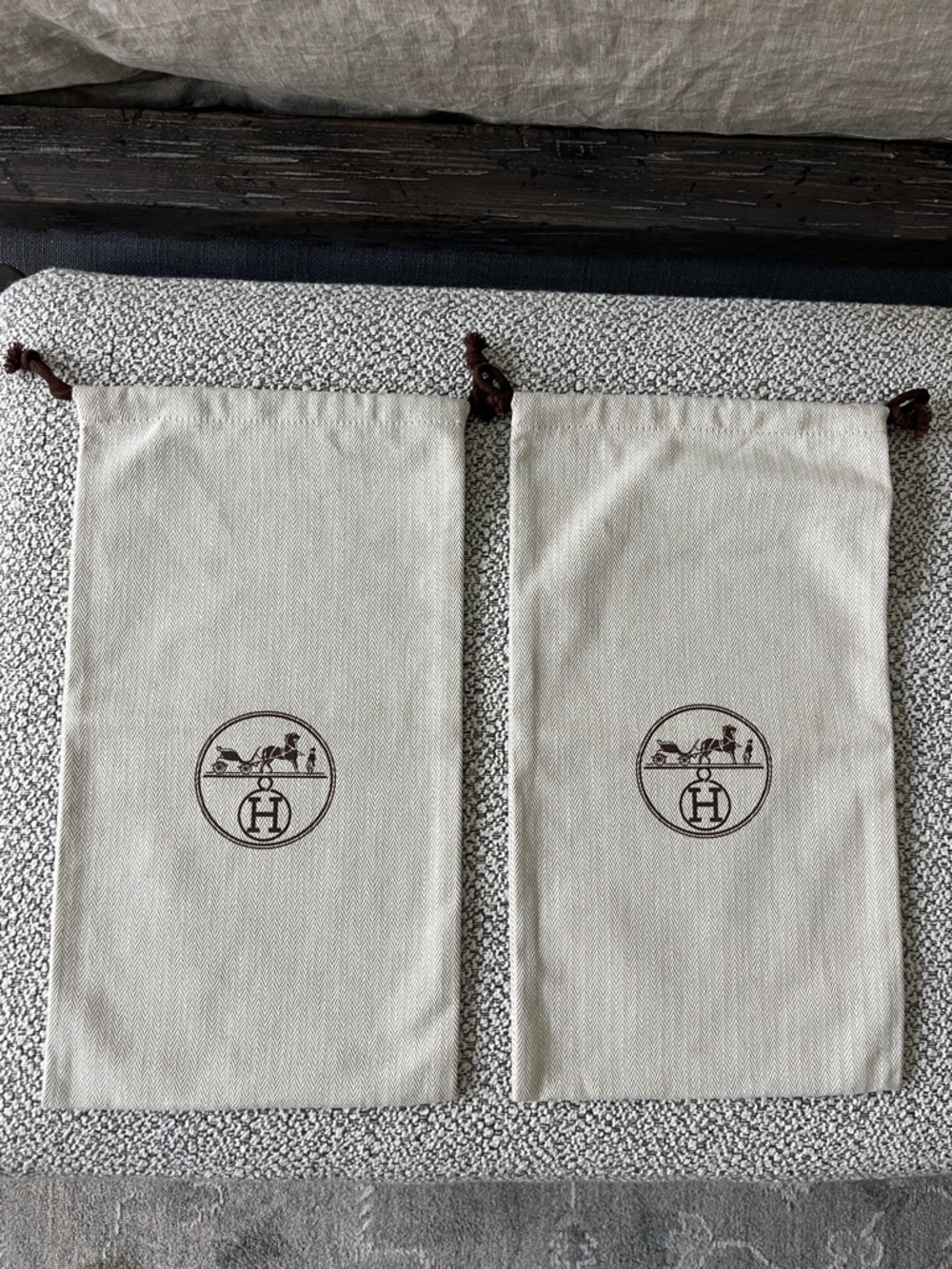 Hermes Beige Canvas Logo Dust Bags with Brown Drawstrings (Pair)